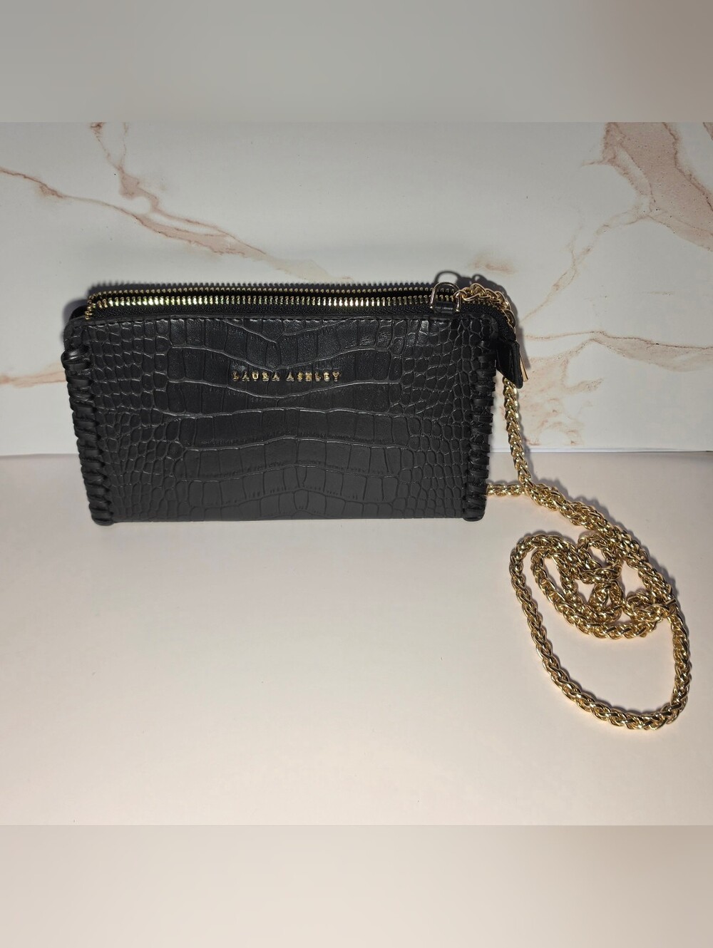 Laura Ashley Black Croc Embossed Wallet on Chain Crossbody Purse Gold Chain